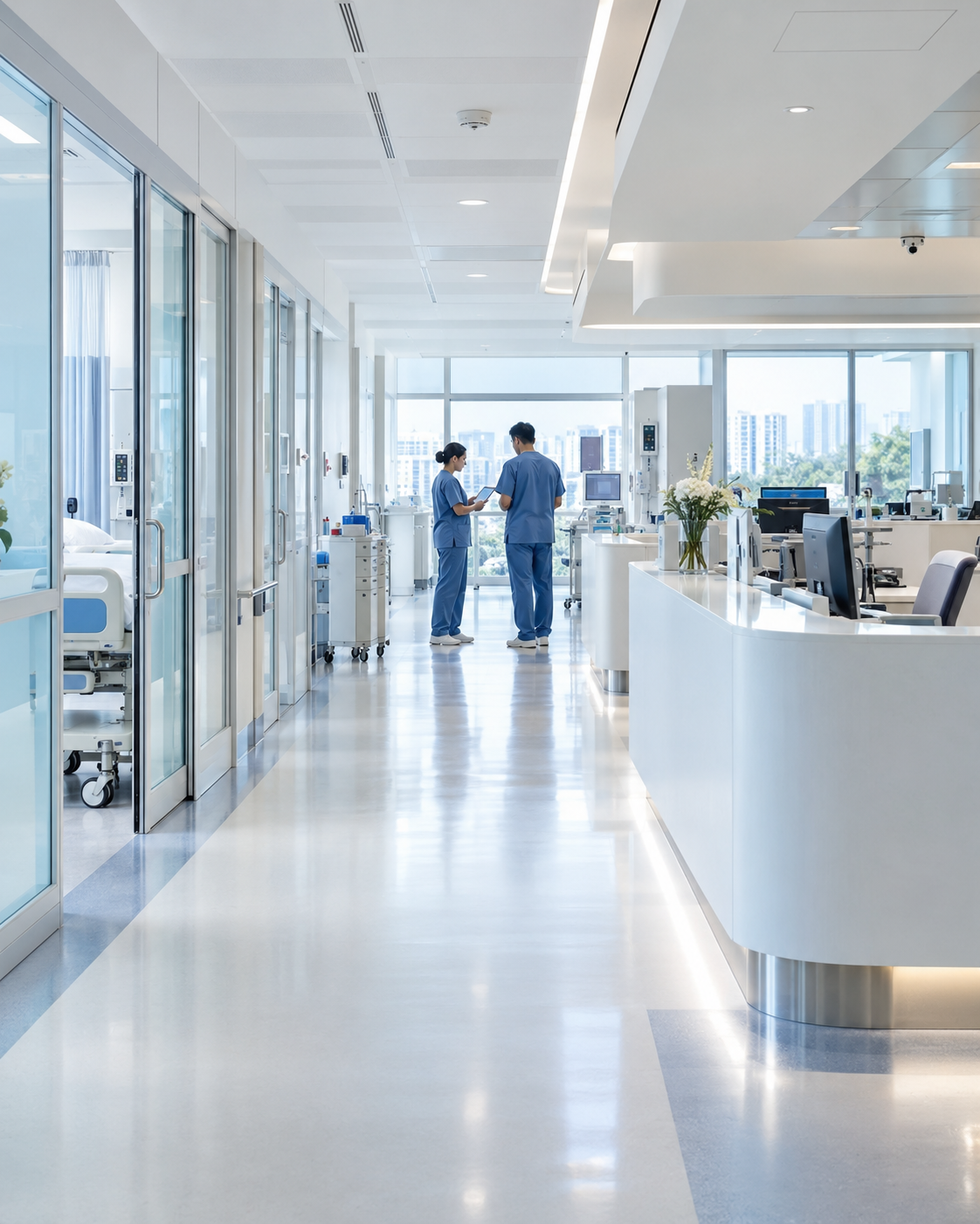 Illustrative modern hospital environment with healthcare professionals