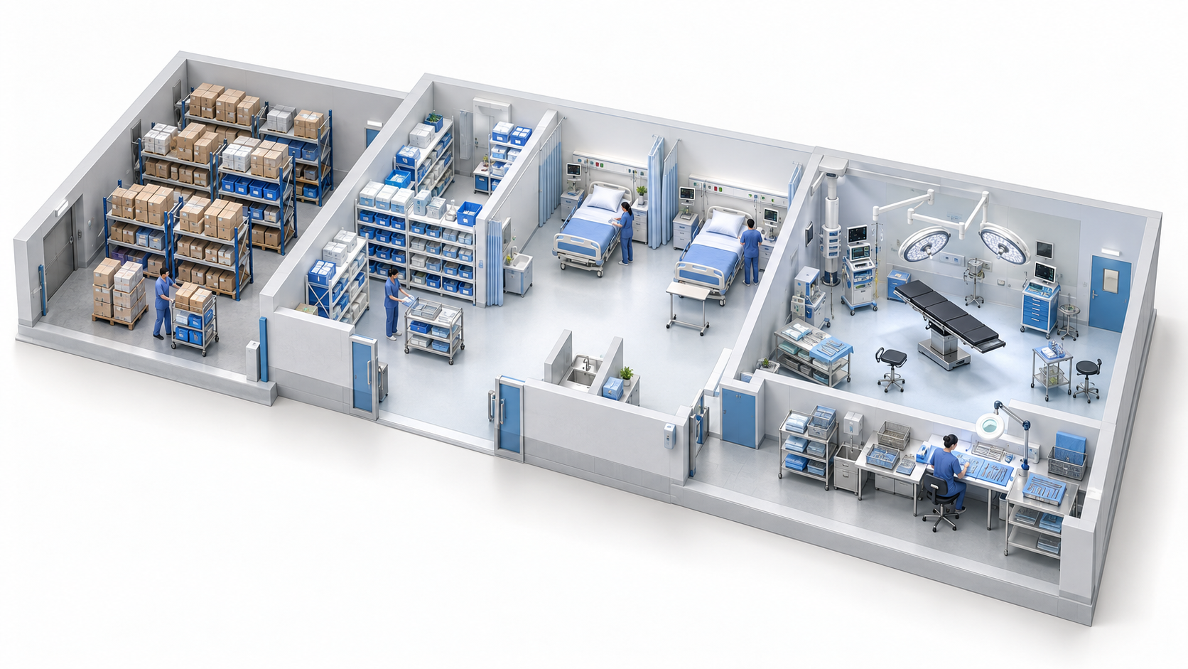 Illustrative hospital with a warehouse, ward clean store and operating theatre