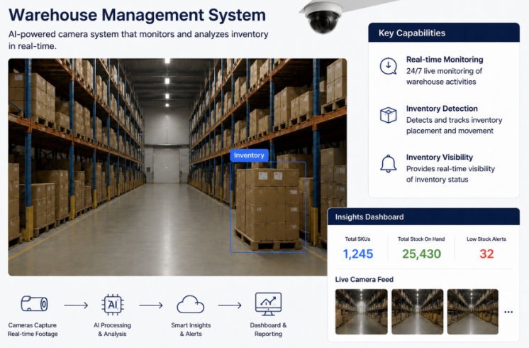 SmartWMS warehouse monitoring concept with an illustrative dashboard