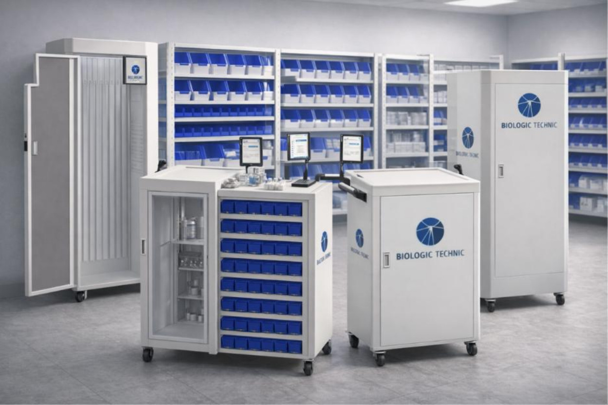 SIMs shelving with blue sensor bins